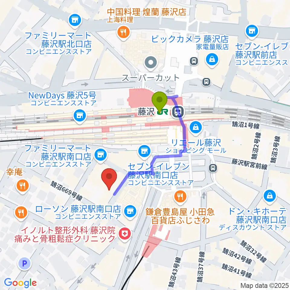 Sound Cafe Bambooの最寄駅藤沢駅からの徒歩ルート（約2分）地図