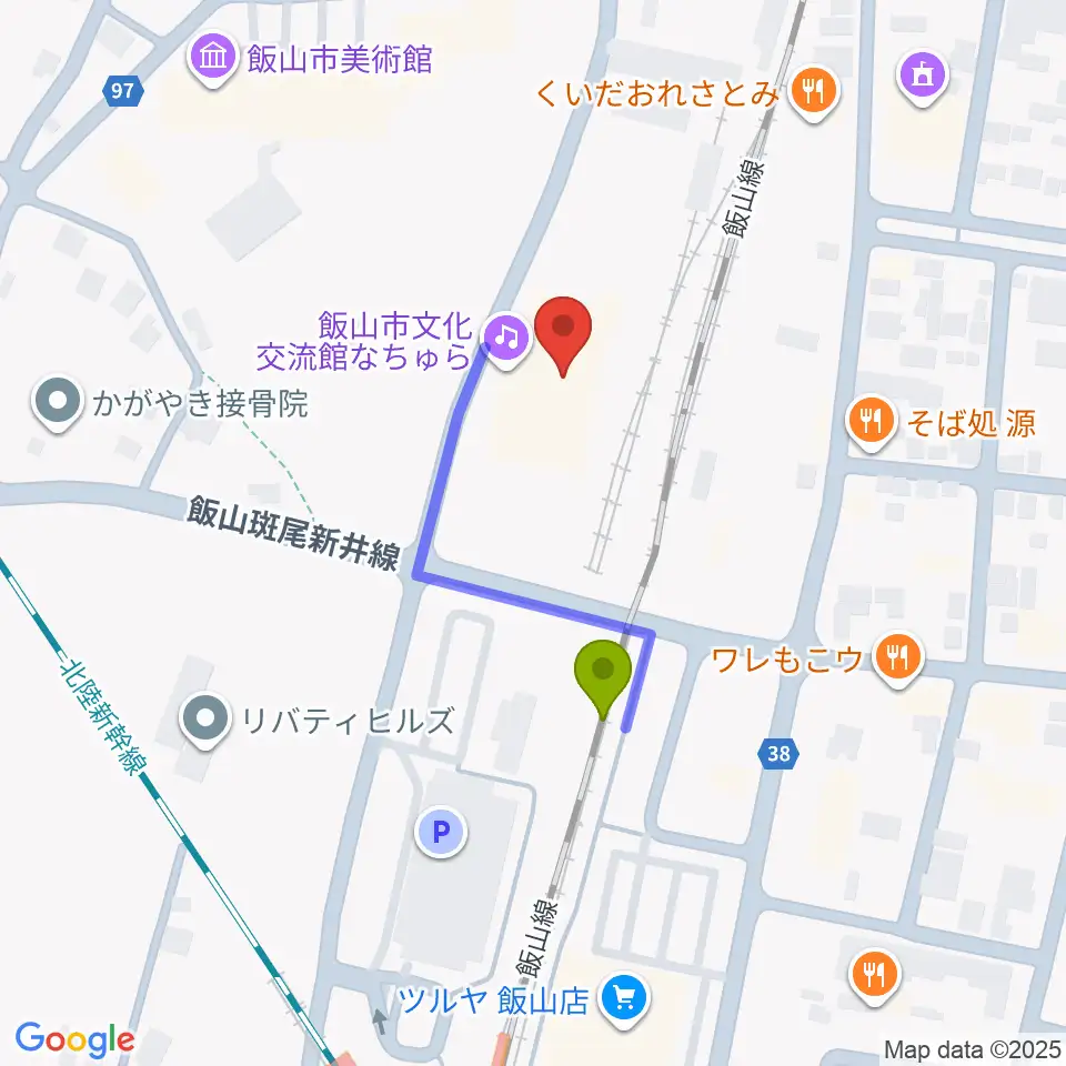 飯山市文化交流館なちゅらの最寄駅飯山駅からの徒歩ルート（約2分）地図
