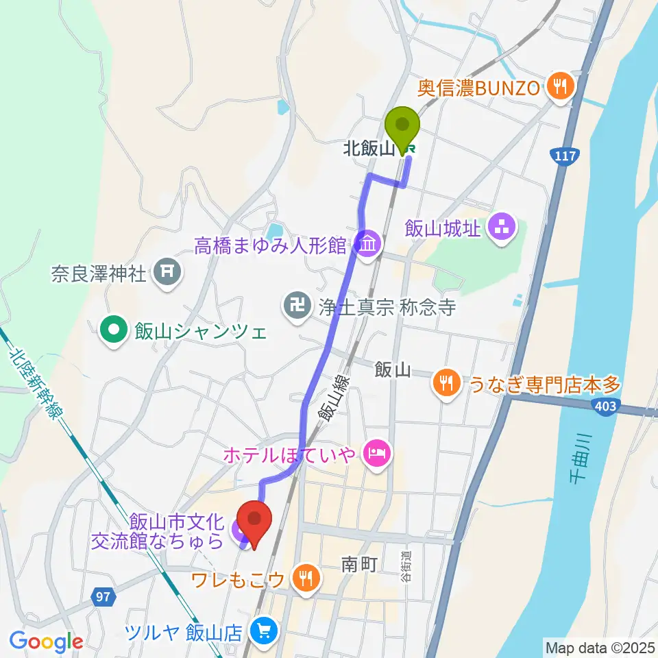 北飯山駅から飯山市文化交流館なちゅらへのルートマップ地図