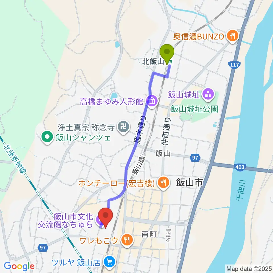北飯山駅から飯山市文化交流館なちゅらへのルートマップ地図