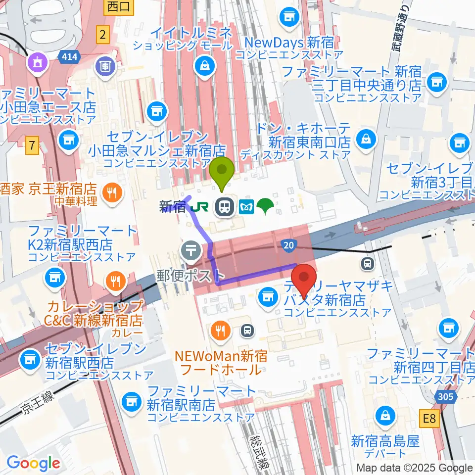 新宿ルミネゼロの最寄駅新宿駅からの徒歩ルート（約2分）地図