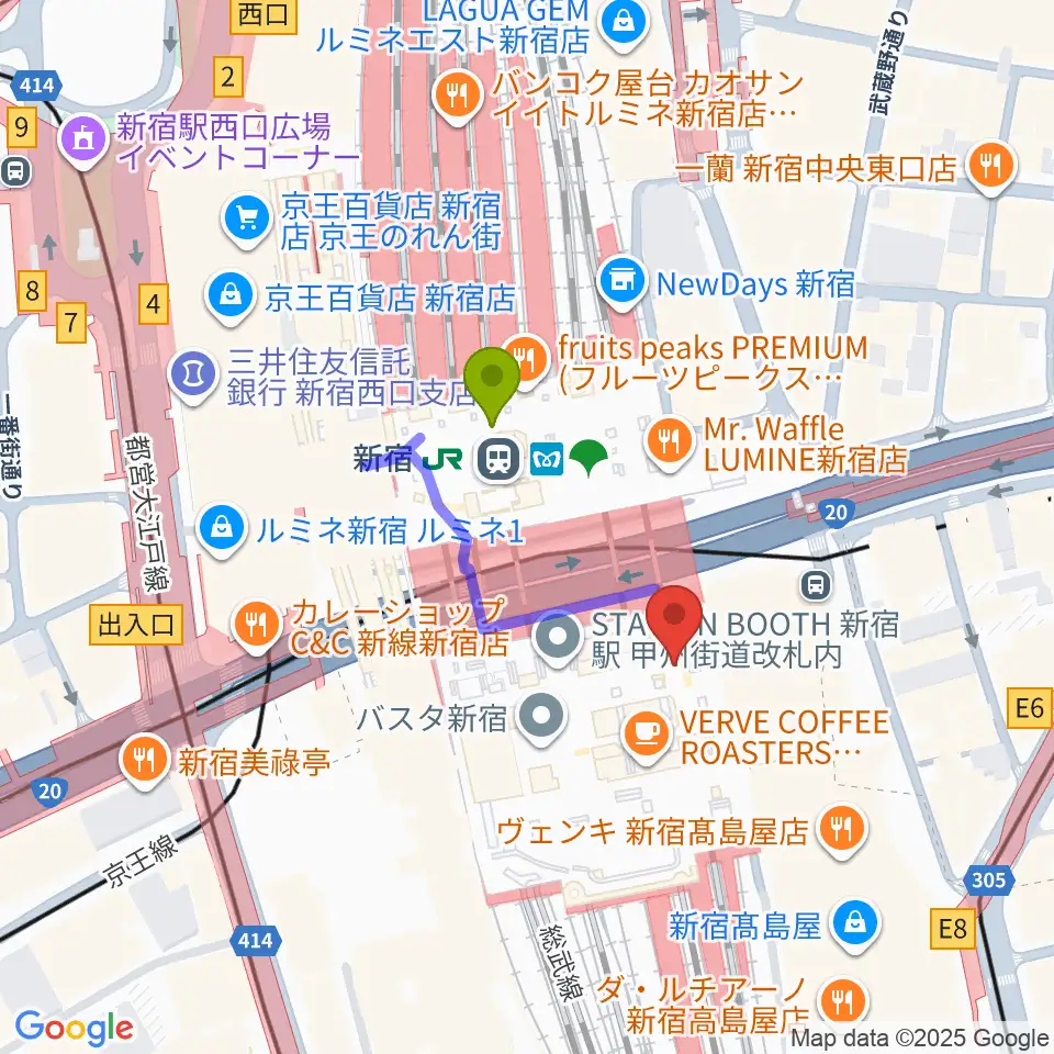 新宿ルミネゼロの最寄駅新宿駅からの徒歩ルート（約2分）地図