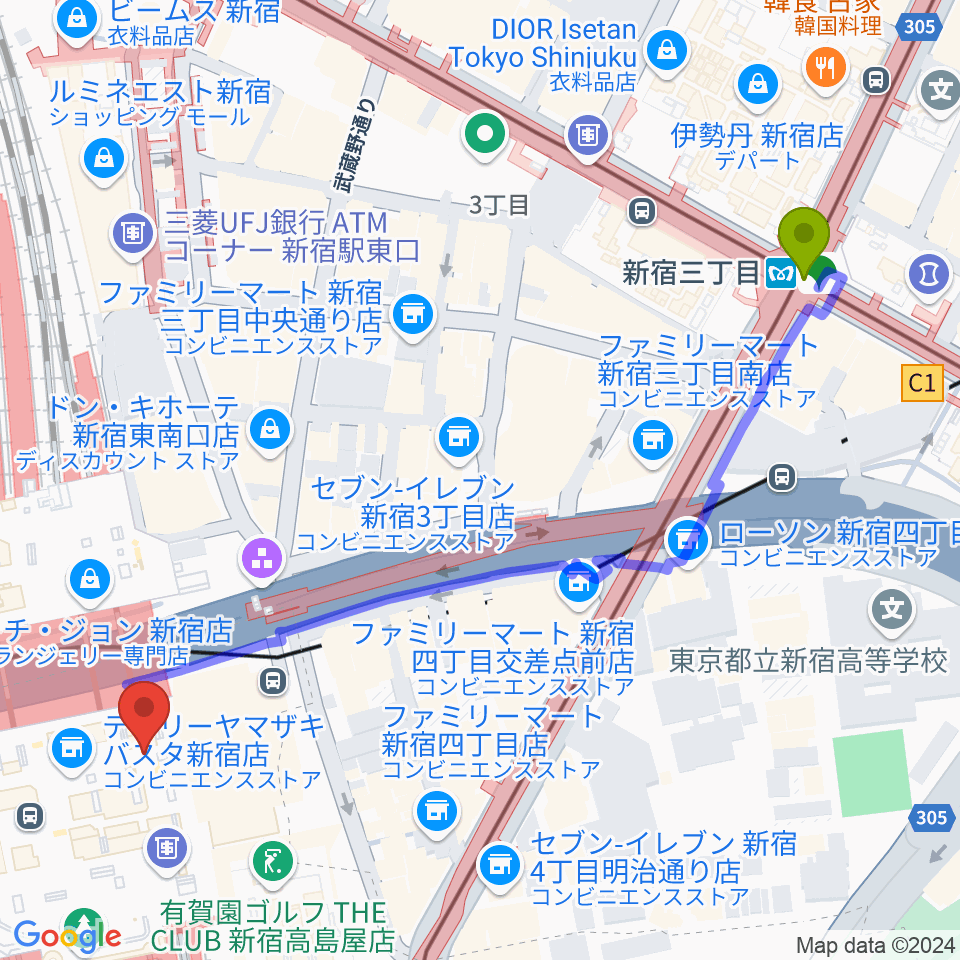 新宿三丁目駅から新宿ルミネゼロへのルートマップ地図