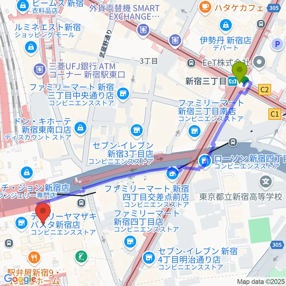 新宿三丁目駅から新宿ルミネゼロへのルートマップ地図