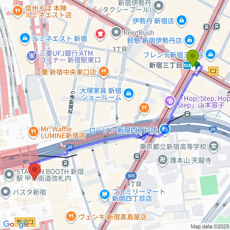 新宿三丁目駅から新宿ルミネゼロへのルートマップ地図