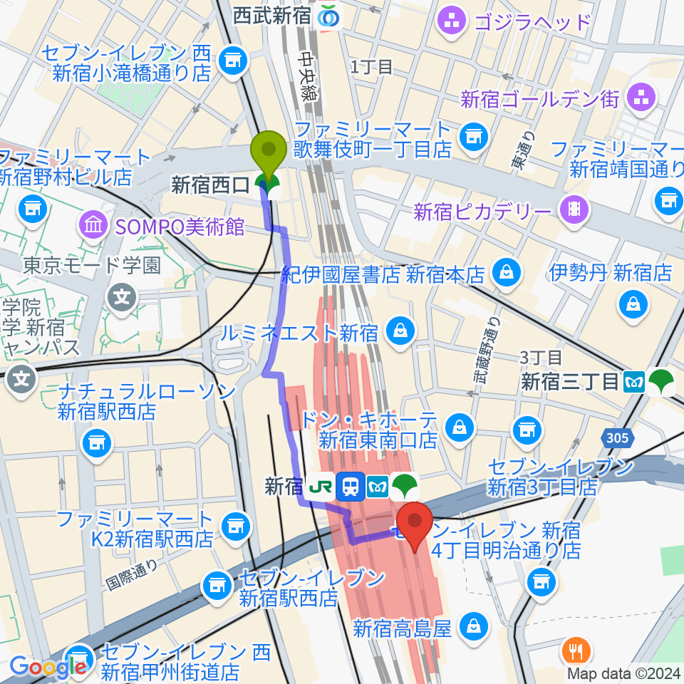 新宿西口駅から新宿ルミネゼロへのルートマップ地図