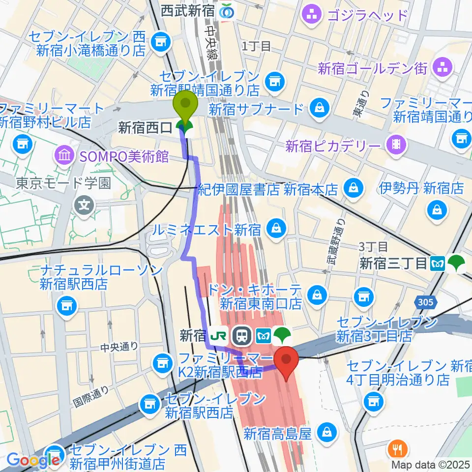 新宿西口駅から新宿ルミネゼロへのルートマップ地図