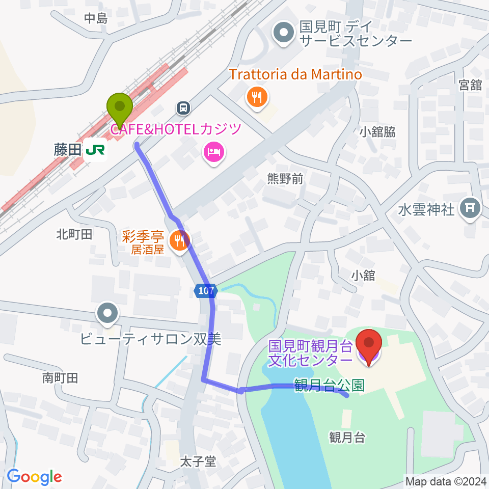 国見町観月台文化センターの最寄駅藤田駅からの徒歩ルート（約5分）地図