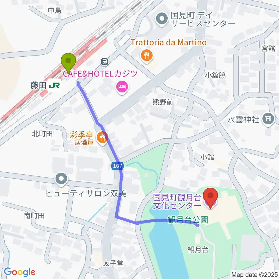 国見町観月台文化センターの最寄駅藤田駅からの徒歩ルート（約5分）地図