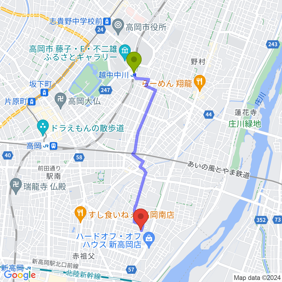 越中中川駅から高岡カサデラムジカへのルートマップ地図