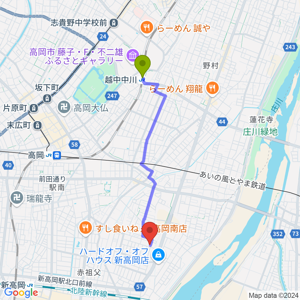 越中中川駅から高岡カサデラムジカへのルートマップ地図