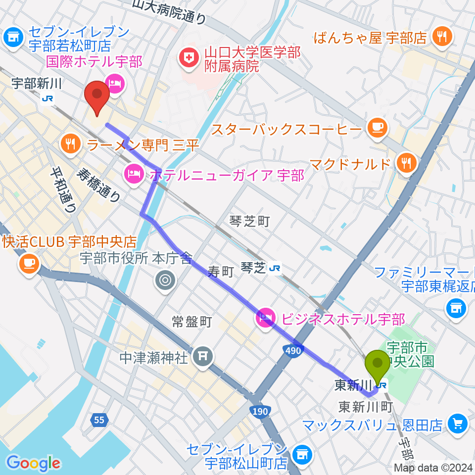 東新川駅から宇部市渡辺翁記念会館へのルートマップ地図