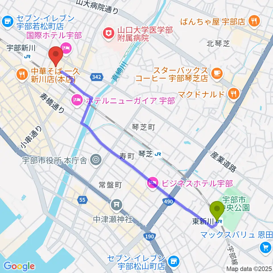 東新川駅から宇部市渡辺翁記念会館へのルートマップ地図