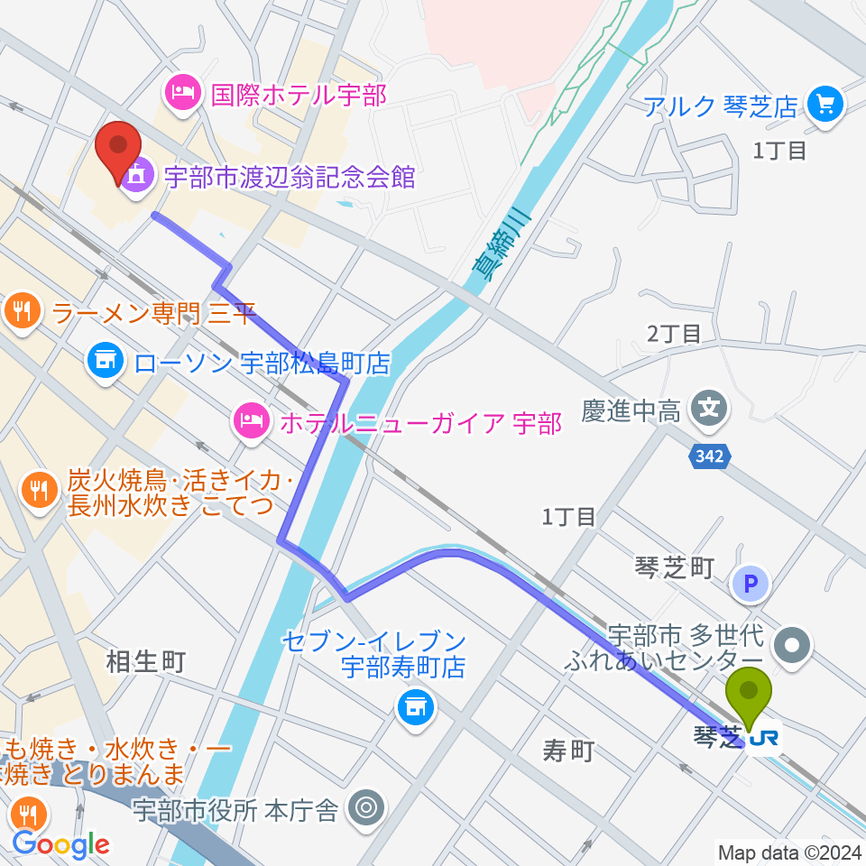 琴芝駅から宇部市渡辺翁記念会館へのルートマップ地図