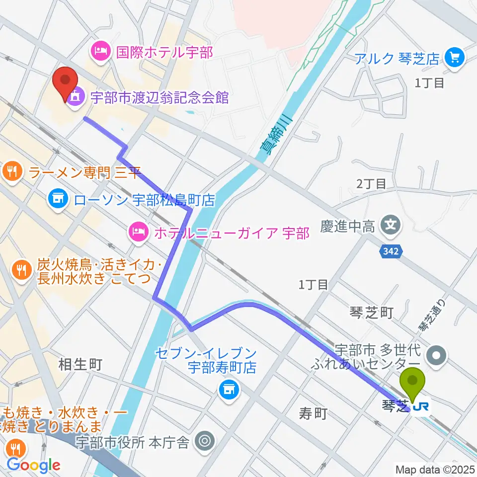 琴芝駅から宇部市渡辺翁記念会館へのルートマップ地図