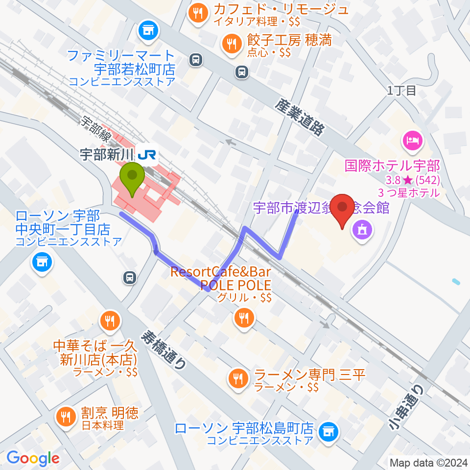 宇部市渡辺翁記念会館の最寄駅宇部新川駅からの徒歩ルート（約4分）地図