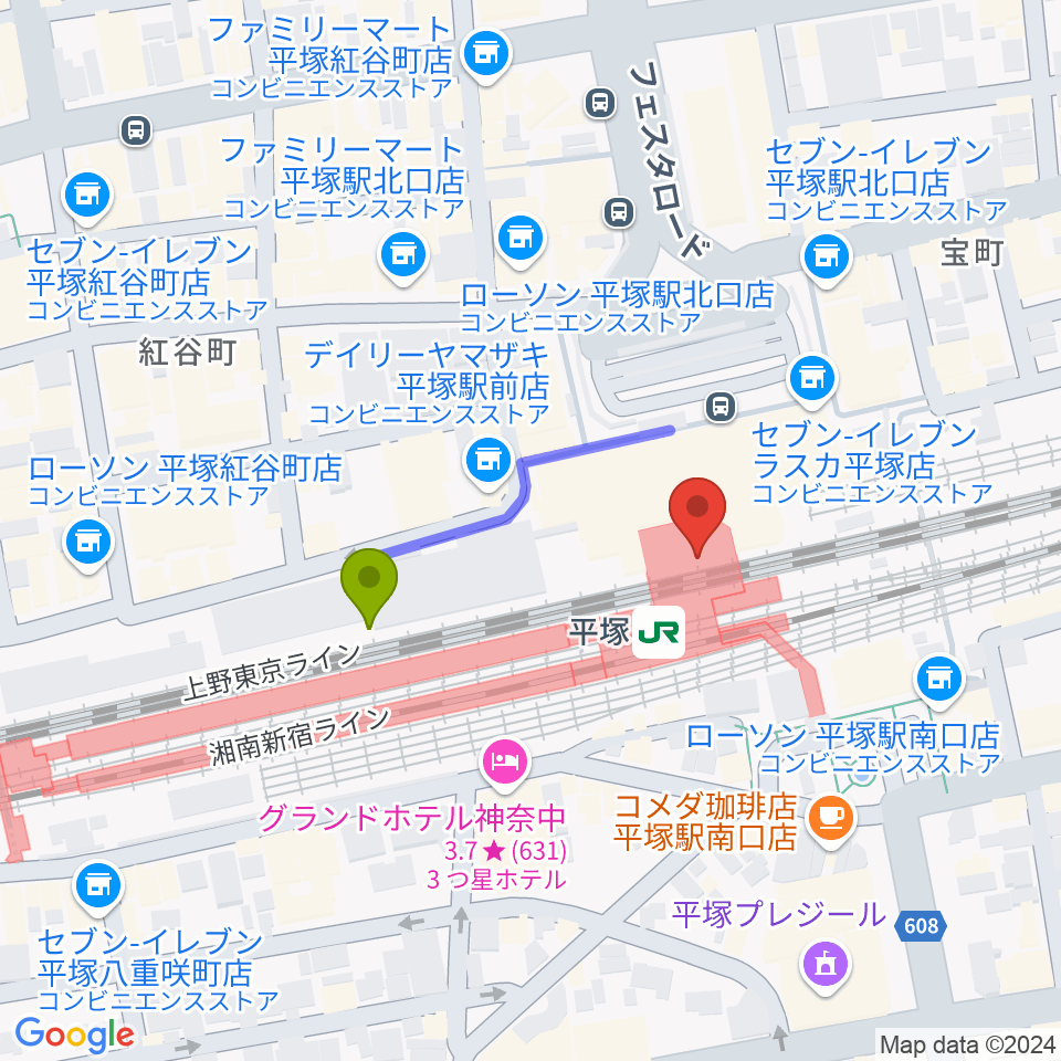 ラスカ平塚6F ラスカホールの最寄駅平塚駅からの徒歩ルート（約2分）地図