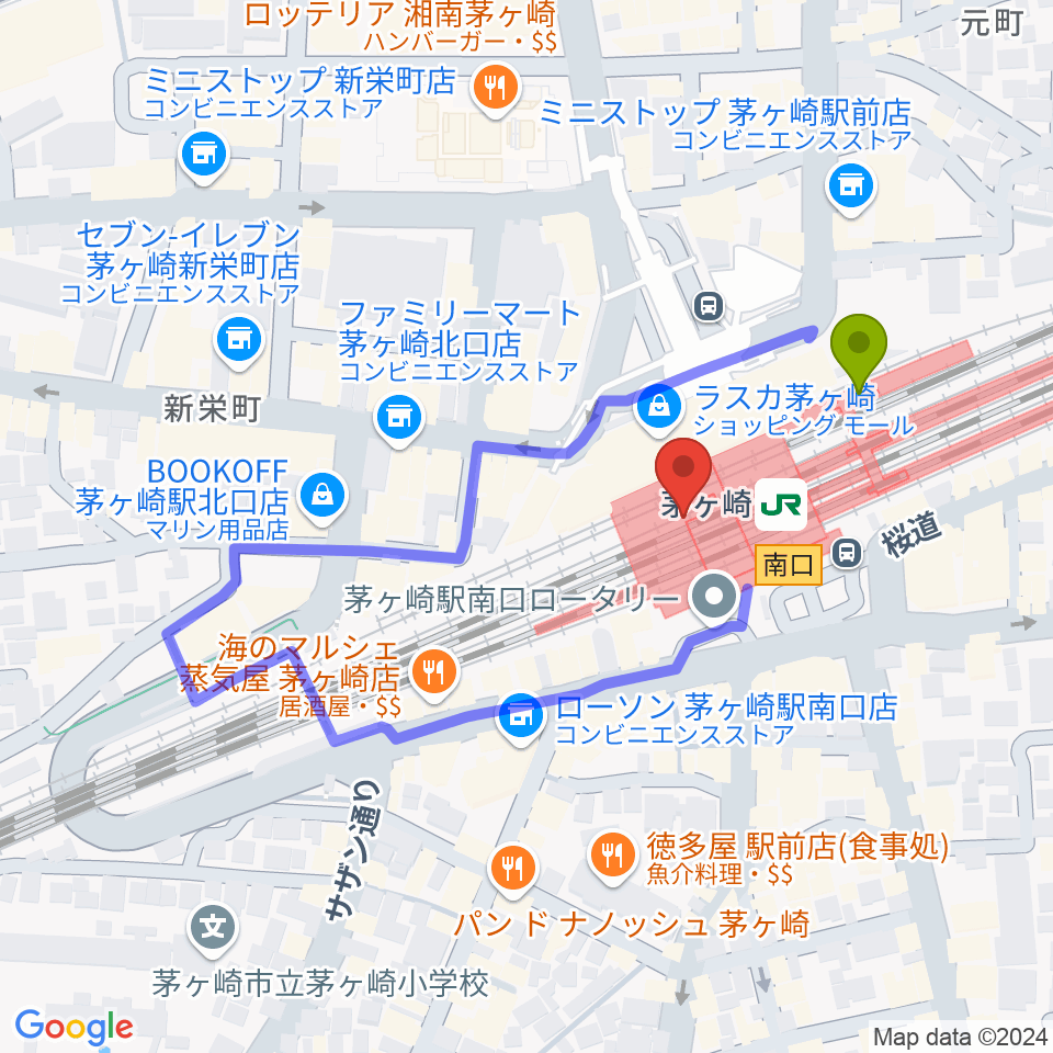 ラスカ茅ヶ崎ホールの最寄駅茅ケ崎駅からの徒歩ルート（約2分）地図