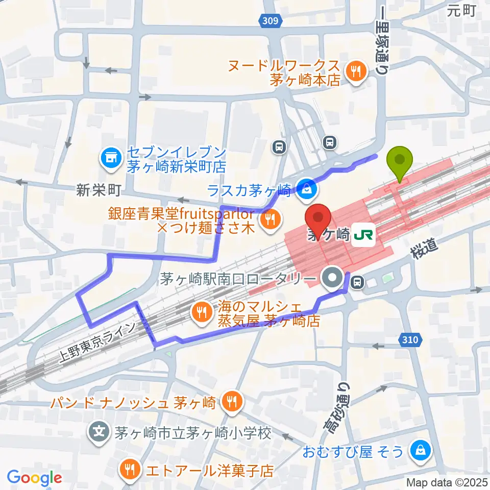 ラスカ茅ヶ崎ホールの最寄駅茅ケ崎駅からの徒歩ルート（約2分）地図