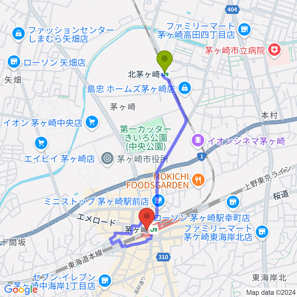 北茅ケ崎駅からラスカ茅ヶ崎ホールへのルートマップ地図