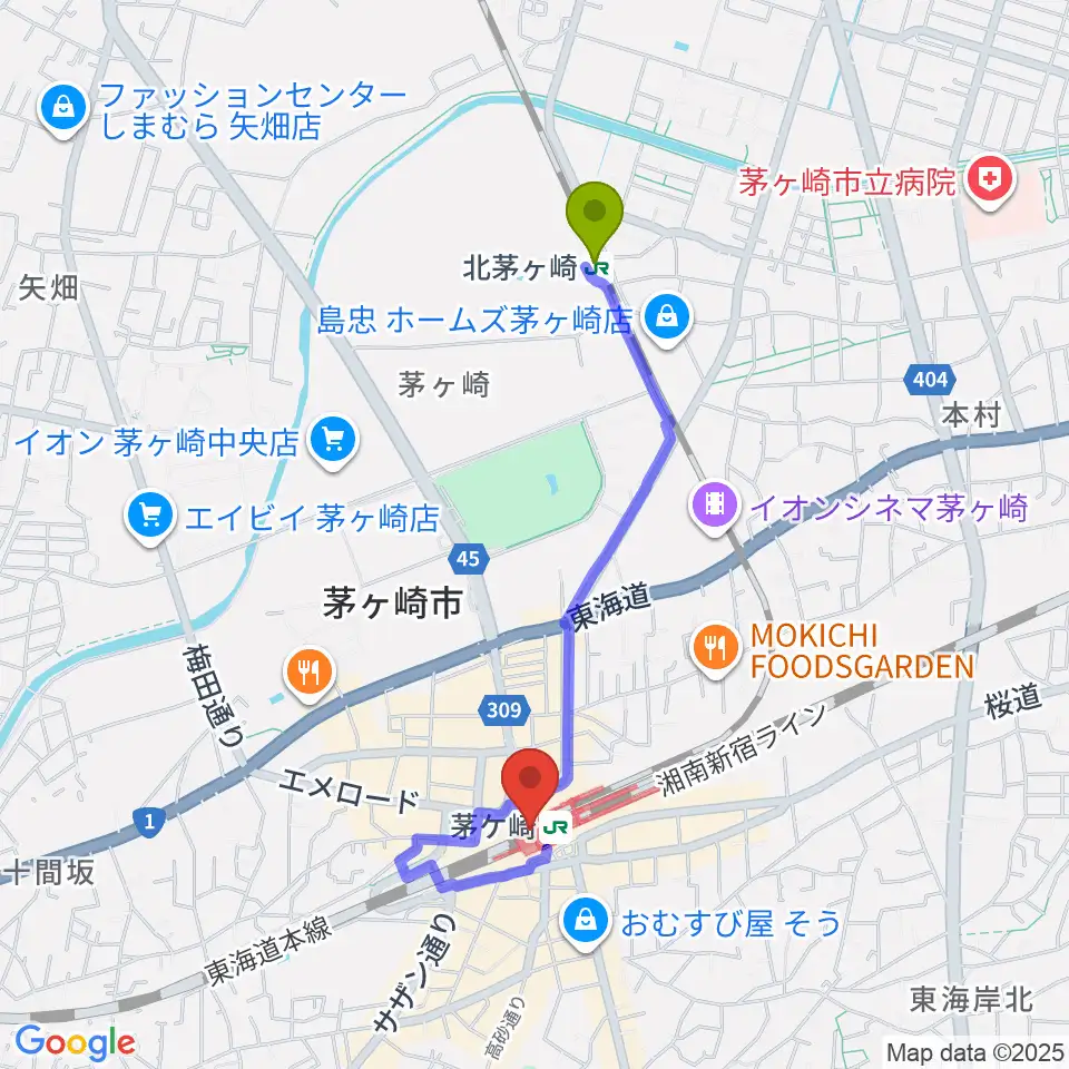 北茅ケ崎駅からラスカ茅ヶ崎ホールへのルートマップ地図