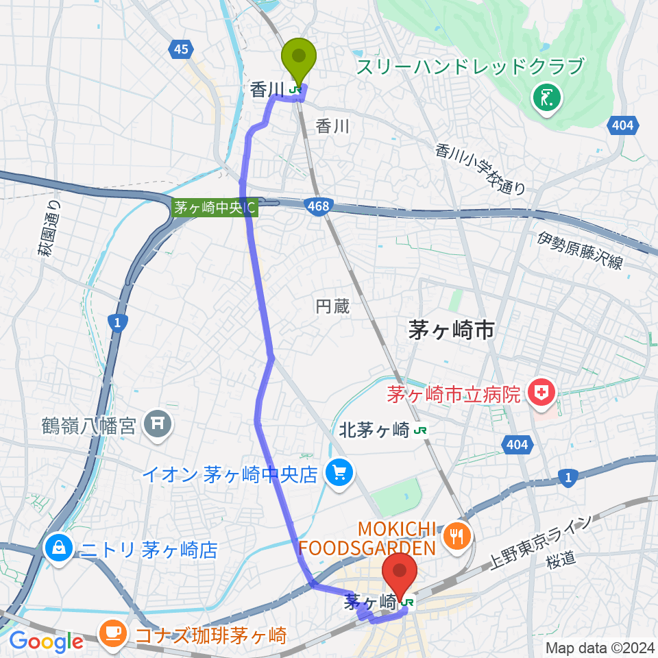 香川駅からラスカ茅ヶ崎ホールへのルートマップ地図