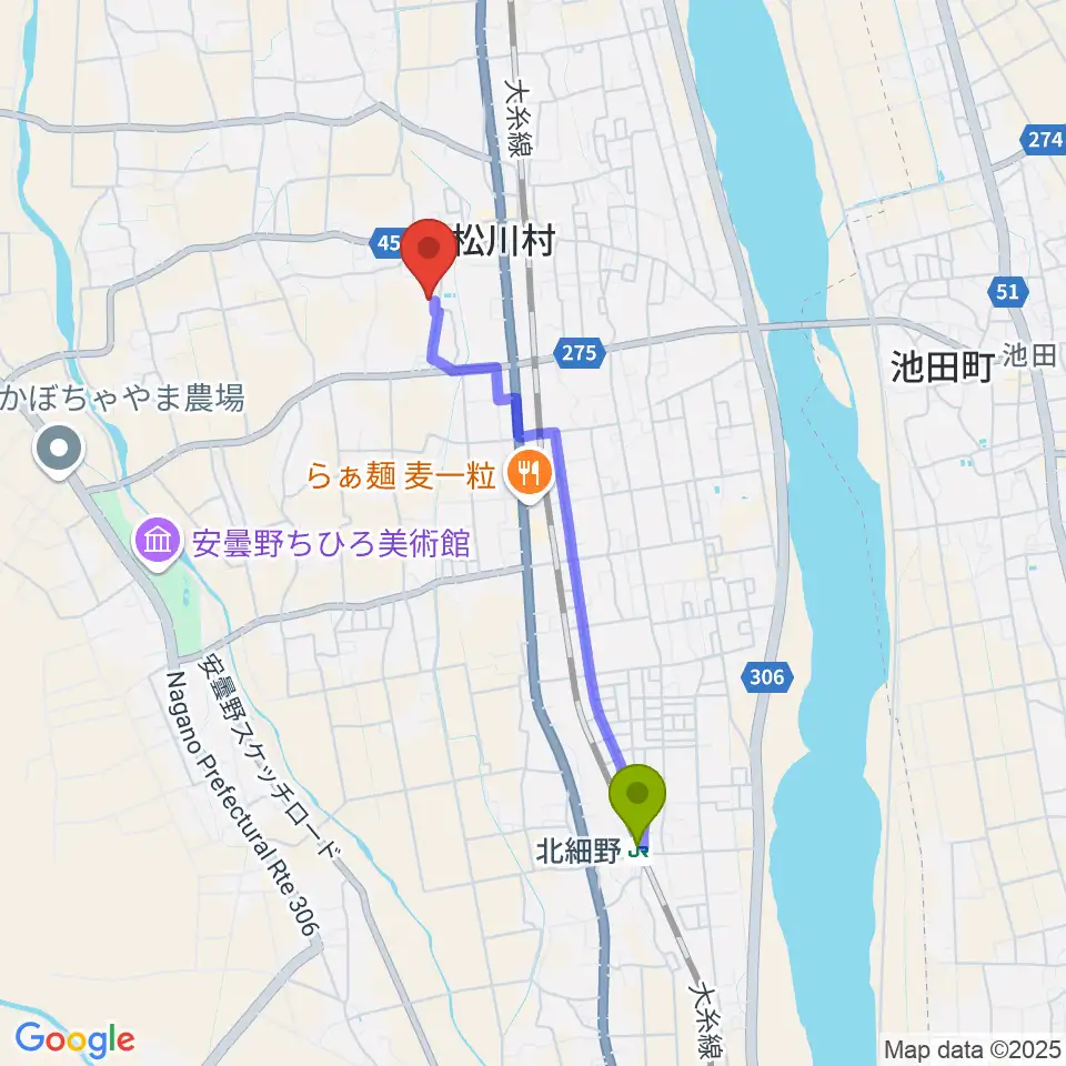 北細野駅から松川村多目的交流センターすずの音ホールへのルートマップ地図