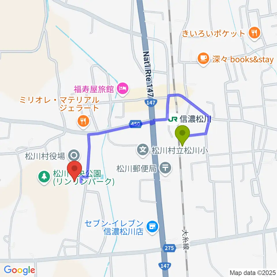 松川村多目的交流センターすずの音ホールの最寄駅信濃松川駅からの徒歩ルート（約6分）地図