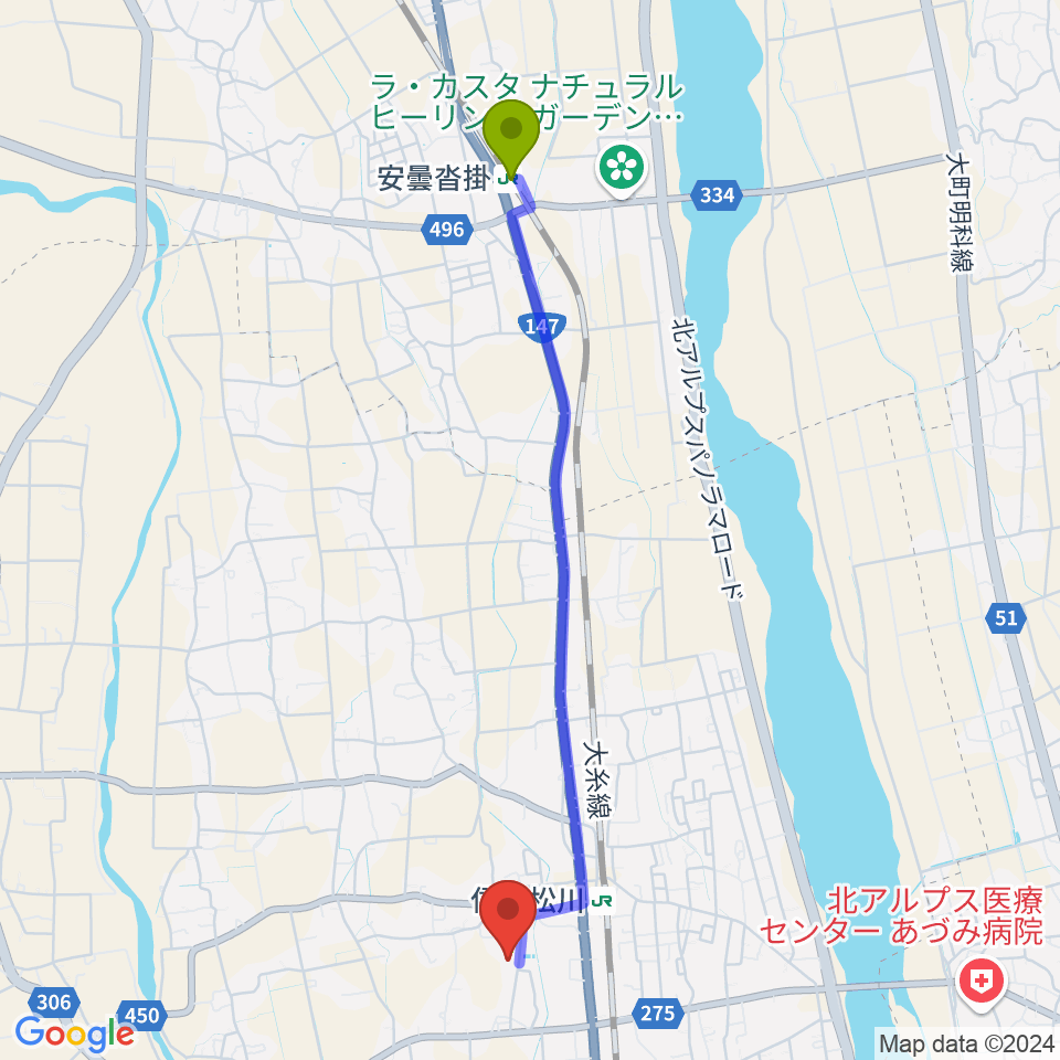 安曇沓掛駅から松川村多目的交流センターすずの音ホールへのルートマップ地図