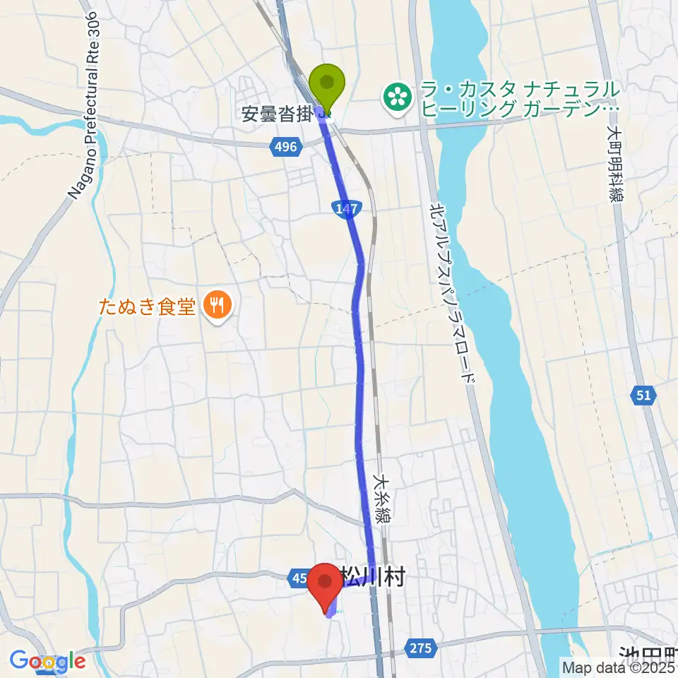安曇沓掛駅から松川村多目的交流センターすずの音ホールへのルートマップ地図