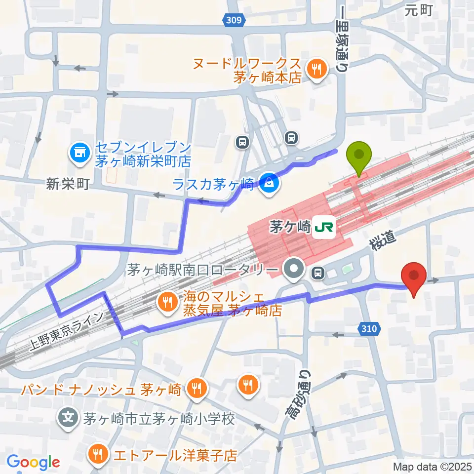 茅ヶ崎ルシュマンデザールの最寄駅茅ケ崎駅からの徒歩ルート（約2分）地図