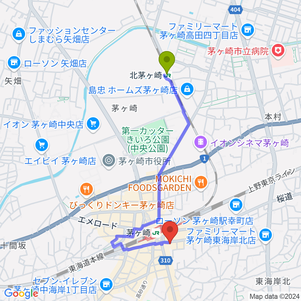 北茅ケ崎駅から茅ヶ崎ルシュマンデザールへのルートマップ地図