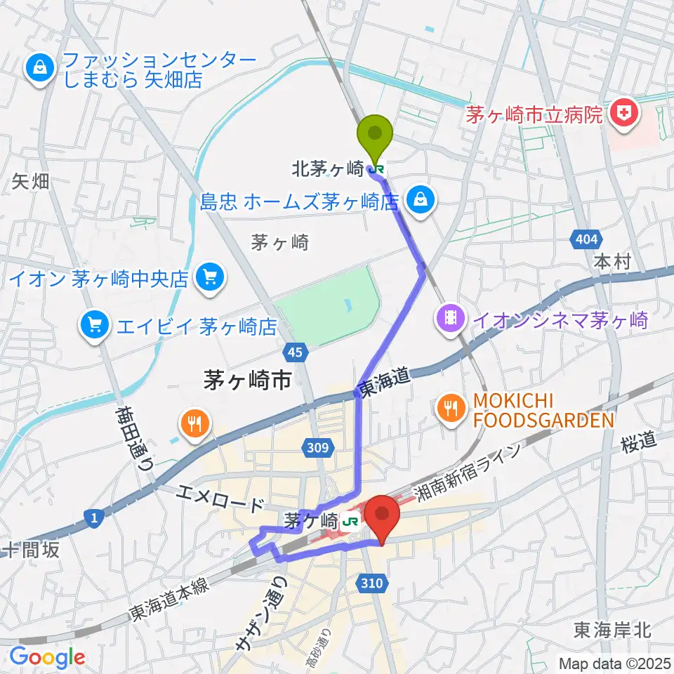 北茅ケ崎駅から茅ヶ崎ルシュマンデザールへのルートマップ地図