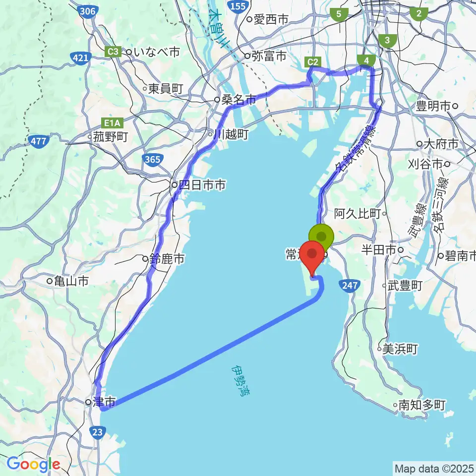 りんくう常滑駅から中部国際空港セントレアホールへのルートマップ地図
