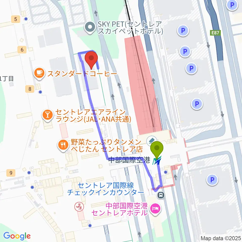中部国際空港セントレアホールの最寄駅中部国際空港駅からの徒歩ルート（約4分）地図