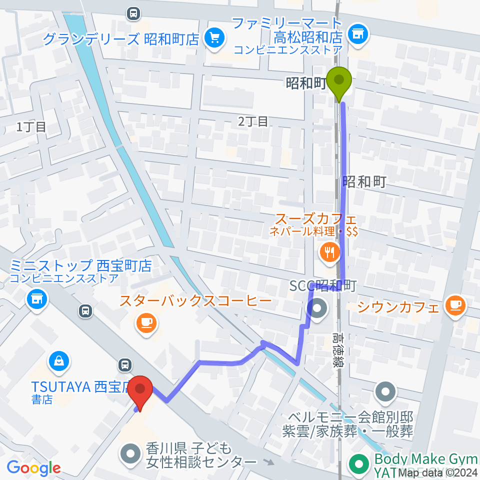 香川県教育会館ミューズホールの最寄駅昭和町駅からの徒歩ルート（約6分）地図