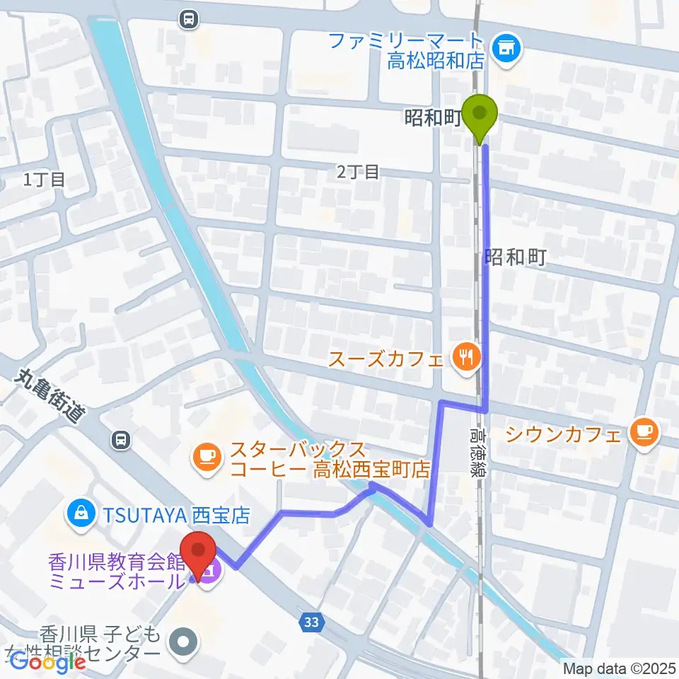 香川県教育会館ミューズホールの最寄駅昭和町駅からの徒歩ルート（約6分）地図