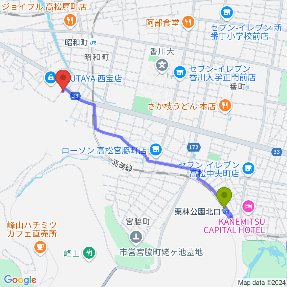 栗林公園北口駅から香川県教育会館ミューズホールへのルートマップ地図