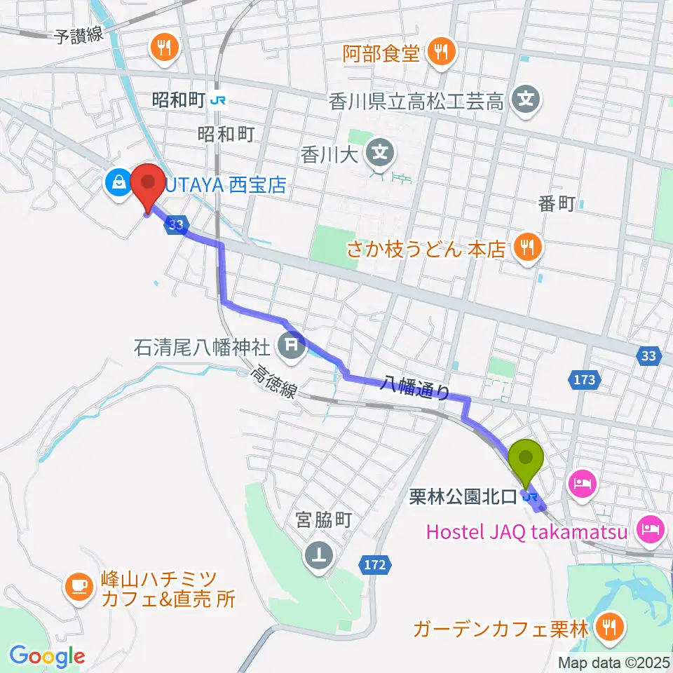 栗林公園北口駅から香川県教育会館ミューズホールへのルートマップ地図