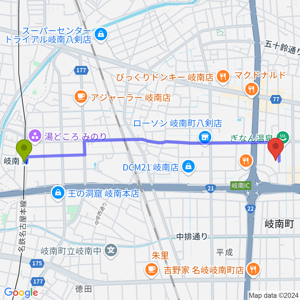 岐南駅から岐阜ソウルダイナへのルートマップ地図