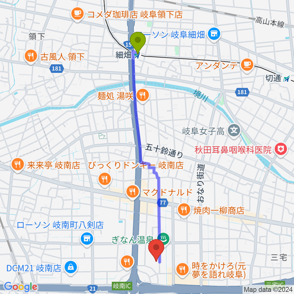 岐阜ソウルダイナの最寄駅細畑駅からの徒歩ルート（約22分）地図