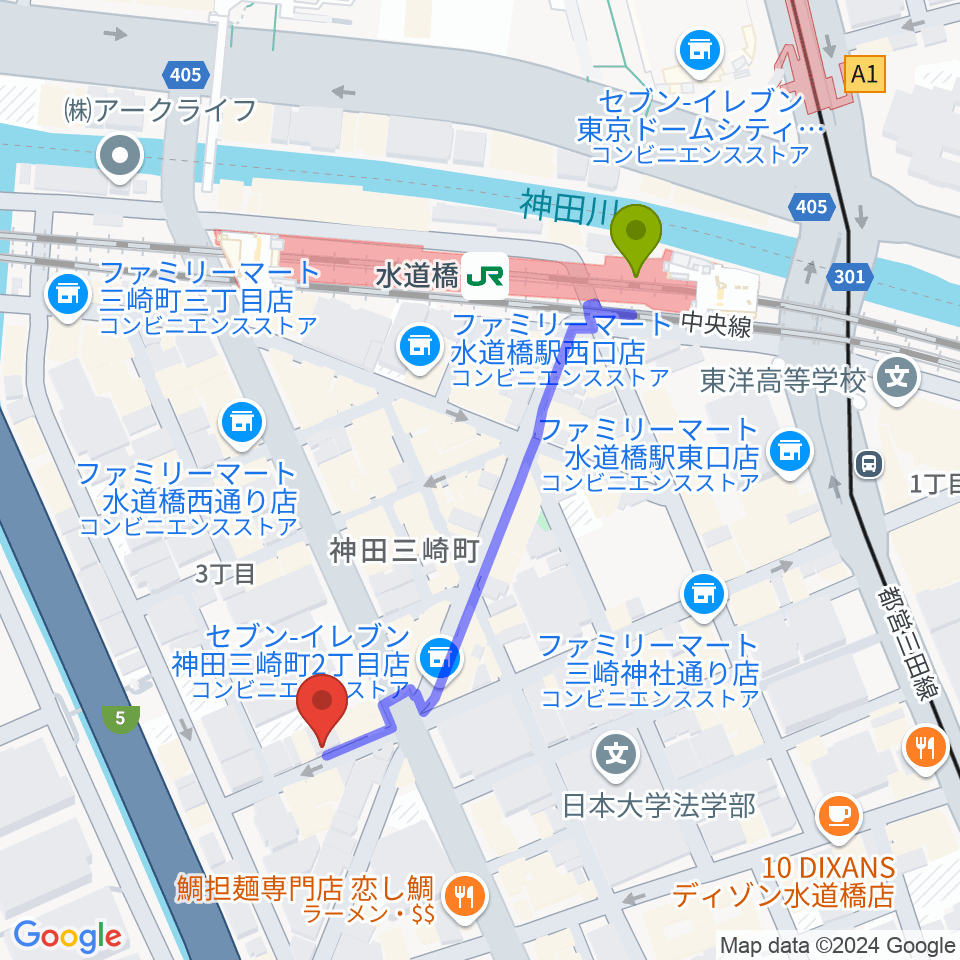 サンセットスタジオの最寄駅水道橋駅からの徒歩ルート（約5分）地図