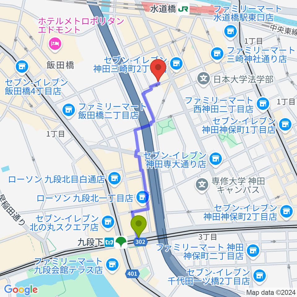 九段下駅からサンセットスタジオへのルートマップ地図