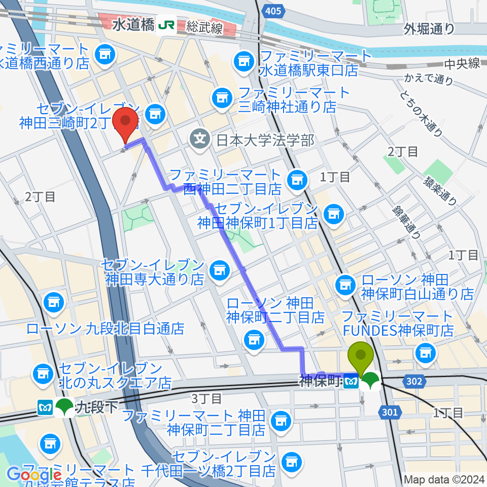 神保町駅からサンセットスタジオへのルートマップ地図