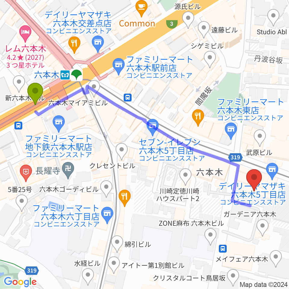 六本木BUZZの最寄駅六本木駅からの徒歩ルート（約6分）地図