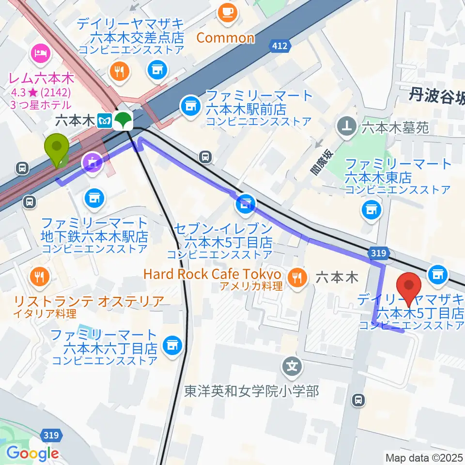 六本木BUZZの最寄駅六本木駅からの徒歩ルート（約6分）地図