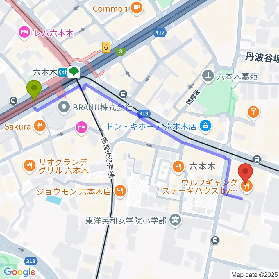 六本木BUZZの最寄駅六本木駅からの徒歩ルート（約6分）地図