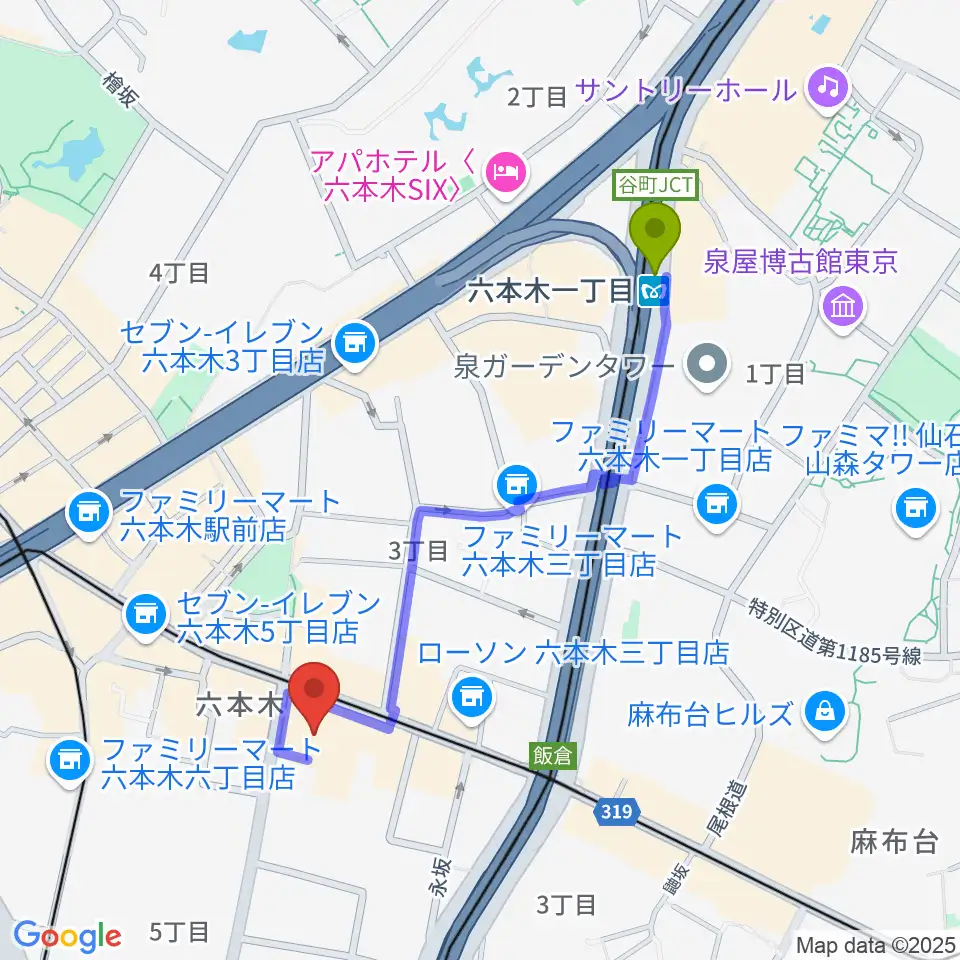 六本木一丁目駅から六本木BUZZへのルートマップ地図