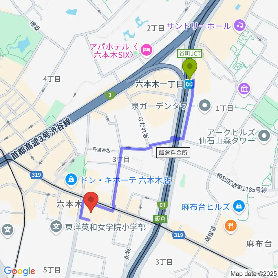 六本木一丁目駅から六本木BUZZへのルートマップ地図