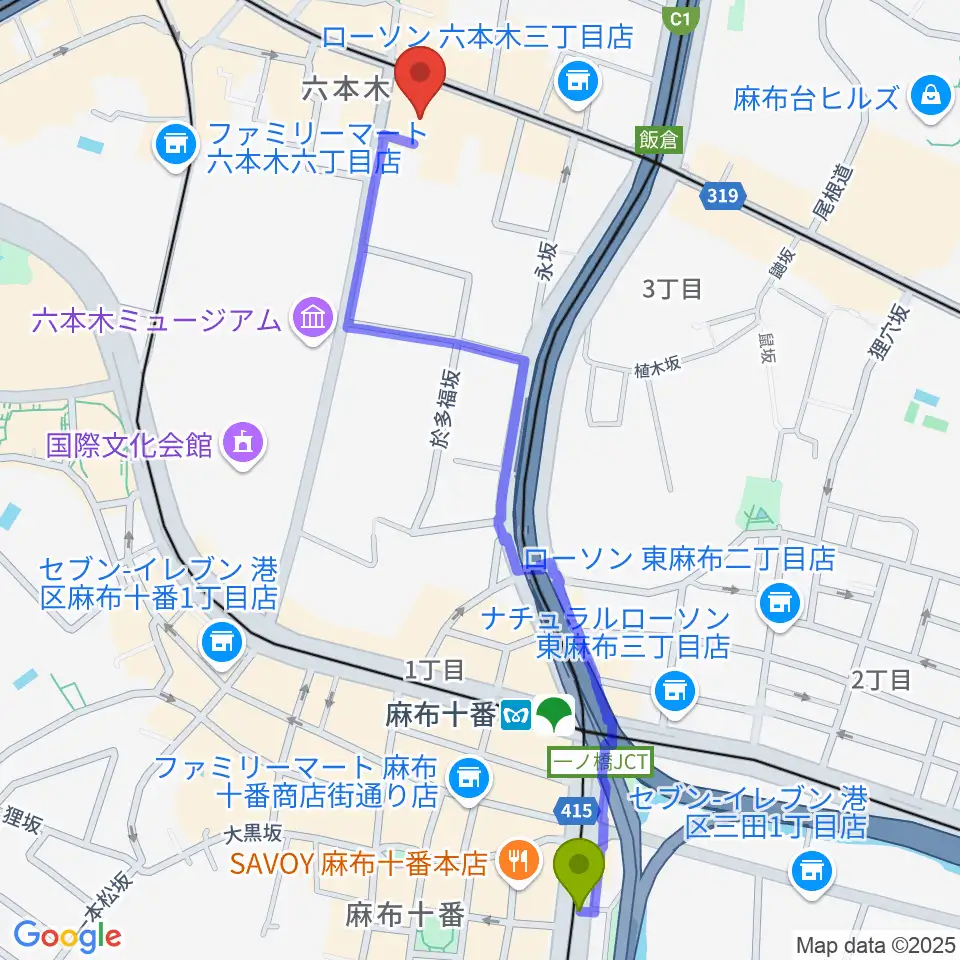 麻布十番駅から六本木BUZZへのルートマップ地図